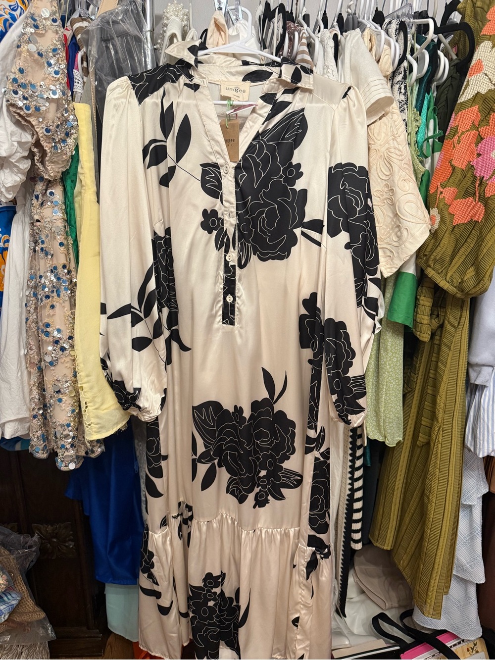 Umgee Cream Maxi Dress with Black Floral Print